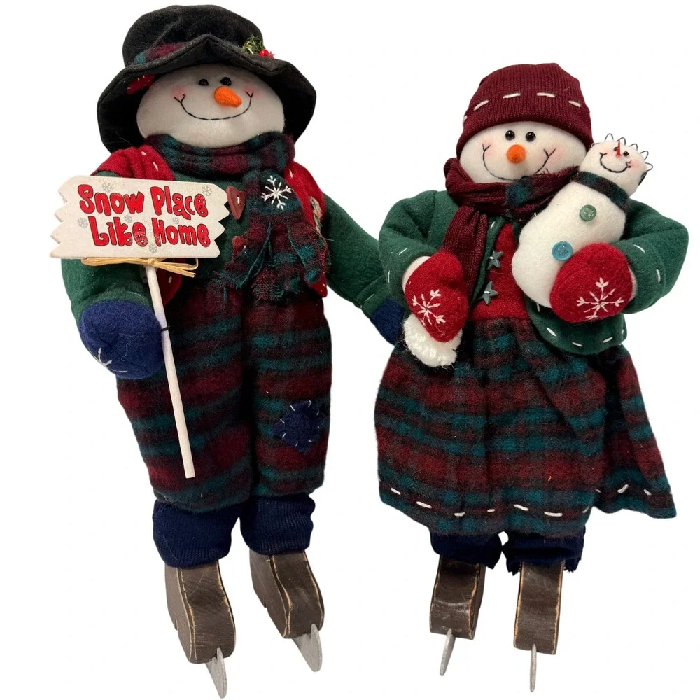 Vintage Style Plush Ice Skating Snowman Couple Figures Snow Place Like Home 16in